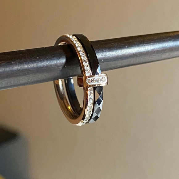 Size 7-8 Black Ceramics CZ Double Ring Gold Chunky Ring for Women Anniversary - Picture 4 of 5